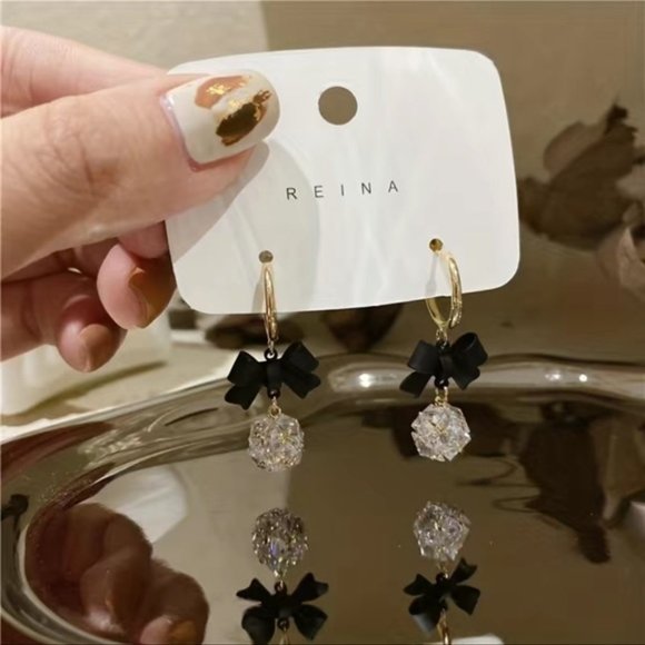 Diamond Ball Earrings with Bowknot Shape Pendant - Picture 6 of 7